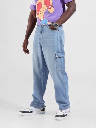 Image of The Indian Garage Co Men Baggy Solid Mid-Rise Cargo Jeans