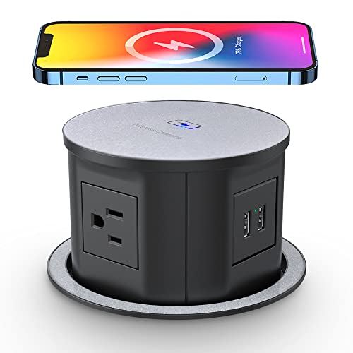 Automatic Pop up Power Outlet with 10W Wireless Charger,Pop up Electrical Outlets for Countertops,4.7'' Diameter Round Pop Up Counter Outlet with 4 Outlets,2 USB,Hidden Outlet,Pop Out Outlet
