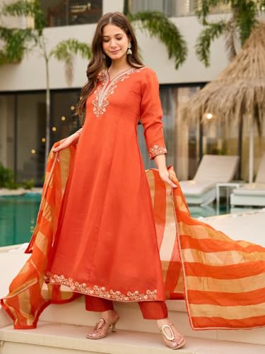 Image of Naixa Women's Vichitra Silk Embroidered Straight Kurta with Pant And Dupatta Sets (NX-823)