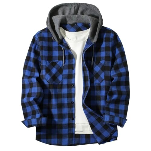 Plaid Shirt Men Casual Button Down Flannel Hoodie Shirts Lightweight Long Sleeve Hooded Shirt Jackets with Pockets