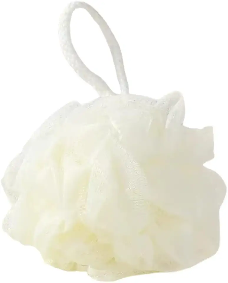 Esponja de Banho Tipo Flor Nylon Macio Branco 14cm de Diâmetro com Cordão para Pendurar Esfoliação Suave e Espuma Abundante para Uso Diário
