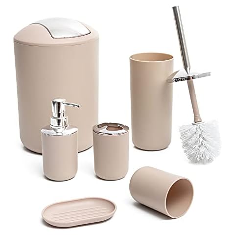 Moss & Stone 6 pcs Bathroom Accessories Set, Bathroom Decor Sets Includes Soap Dispenser, Toothbrush Holder, Toothbrush Cup, Soap Dish, A Bathroom Accessories Sets Complete (Beige) Cover
