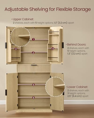 Image of VASAGLE MAXE Collection - Pantry Cabinet, 70.6-Inch Tall Storage Cabinet with Drawer, 6 Adjustable Shelves, 2 Cabinets, Fluted Doors, Mid Century Modern, for Kitchen Living Room, Oak Beige UBBK365Y01