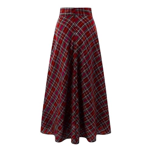 Womens Plaid Wool Skirts Elastic Waist A-Line Pleated Tartan Long Skirts Retro Swing Skirt Woolen Skirt Clothes4
