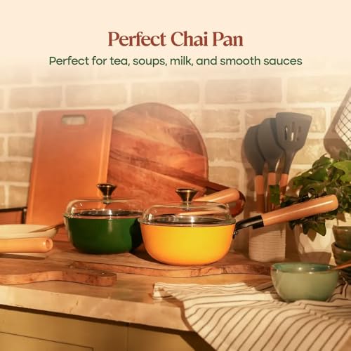 Image of CUMIN CO. Cast Iron Sauce Pan with Lid | 1.5 litres, 18 cm | Induction Base Cookware |5 Years Warranty | Non Toxic Pan for Tea and Serving Sauces | Chemical Free Coating | Beechwood Handle | Mustard