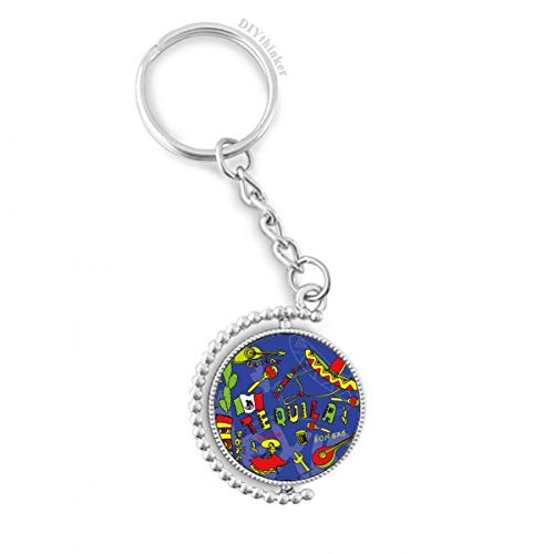 Porte-clés rotatif Mexique Tequila Sombrero Guitare Chili en métal multicolore