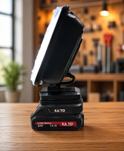 Image of KAITO 21V Rechargeable LED Work Light with Battery & Charger, Portable Focus Flood Lamp for Workshop, Garage, Vehicle Repair, Camping, Outdoor Night Work & Emergency Use (Black)
