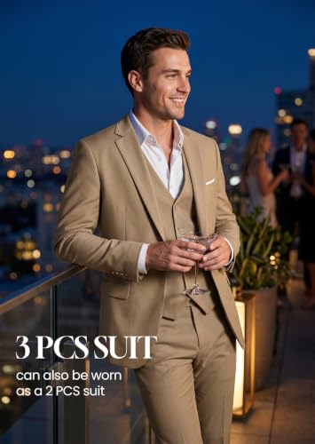 Image of WULFUL Men's Slim Fit Suit One Button 3-Piece Blazer Dress Business Wedding Party Jacket Vest & Pant