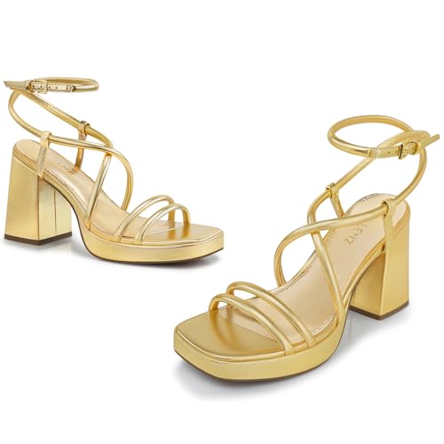 Image of CELLENZ Women Chunky Platform Heels: 3.9 Inch High Heel Prom, Wedding, Party, Square Open Toe Heeled Sandals, Strappy Comfortable Sexy Dressy Heels