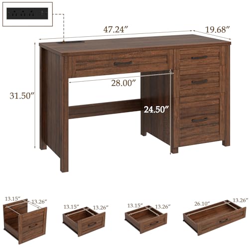 Image of Farmhouse 47 inch Executive Desk, Computer Desk with File Drawer, Red-Brown