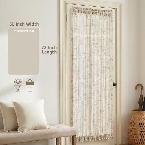 Image of jinchan Floral French Door Curtain Panel Farmhouse Decor Light Filtering Linen with Tie Up Bow for Glass Door or Patio 72 Inch Length Rod Pocket 1 Panel Taupe on Linen