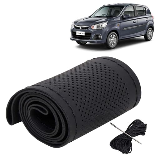 Image of KINGSWAY PU Leatherite Car Steering Cover Sewable Compatible with Maruti Suzuki Alto K10 (Year 2014-2022), Black Color with Black Thread, Pack of 1 with Sewing Needle and Thread
