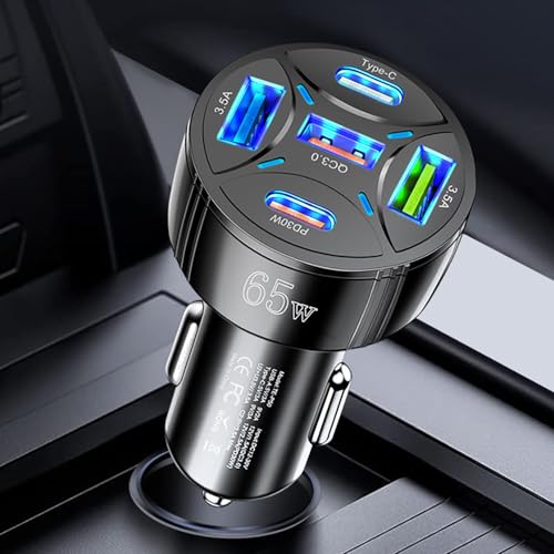 Alanph 65W 5 Ports Car Charger USB Adapter, Type C PD30W &QC3.0 Fast Charging Car Cigarette Lighter USB Charger for iPhone/Android/Samsung/iPad Pro, and More (Black)