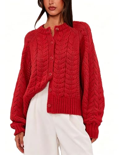 Image of Cable Knit Cardigan for Women Open Front Sweater Casual Loose Long Sleeve Button Outerwear Coats (6W-Red-M)