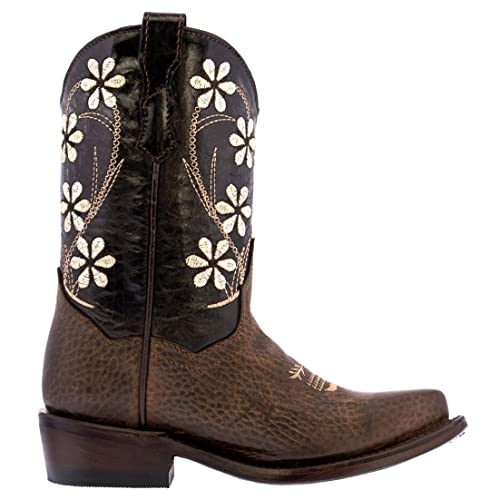 Kids Dark Brown Western Cowboy Boots Flower Embroidery Snip Toe2