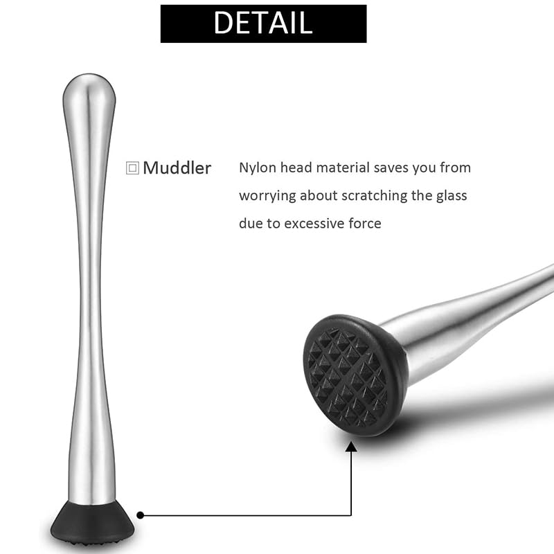 Chougnar Stainless Steel Muddler for Cocktails,Mixing Spoon and Measuring Jigger,Professional Bar Tools,8-Inch Bar Muddler