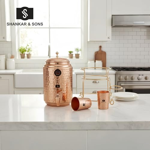 Image of SHANKAR & SONS 5 Litre Copper Water Dispenser Pot with Golden Iron Stand and 2 Glasses | Hammered Texture, BPA Free, Non-Toxic with Added Health Benefits Traditional Matka for Drinking Water