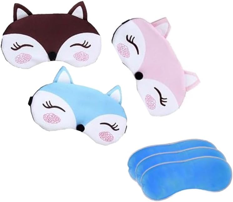 BE 3 Pack Dog Cat Sleep Mask with Gel Mask Cold Warm Compress Cute Funny Blindfold Eye Cover Kids Women Men Gift (Foxes)