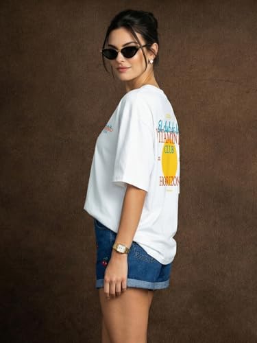 Image of JUNEBERRY Pure Cotton Oversized Drop Shoulder T-Shirt for Women | Front & Back Print, Half Sleeve, Baggy Fit, Round Neck | Sizes S-XXL