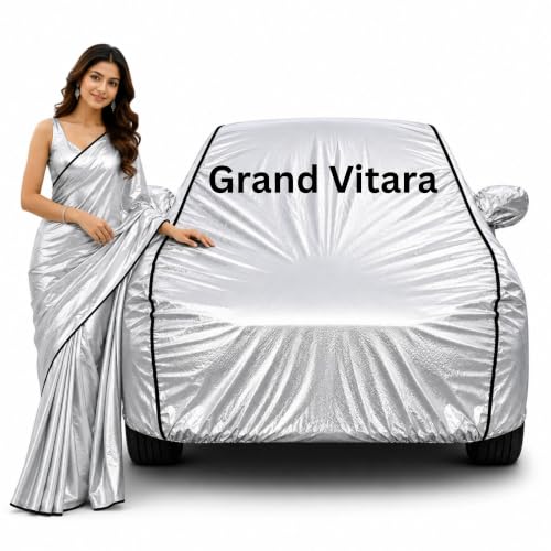 Image of 100% Waterproof Car Cover for Grand Vitara All Weather Protection with Mirror Pocket Inner Cotton Layer Triple Stitched Cover with Adjustable Belt Bottom Elastic to Secure Fit-Silver