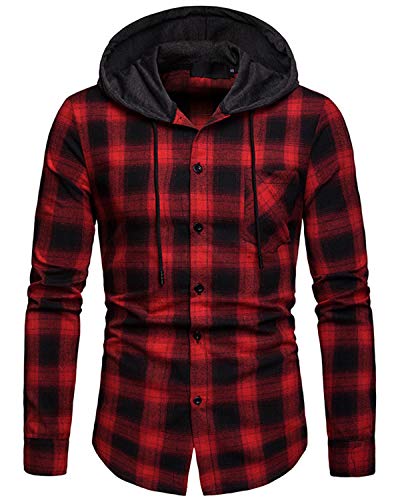 JOLIME Chemise Veste à Capuche Homme Manches Longues à Carreaux Sweatshirt avec Poche Rouge XL Cover