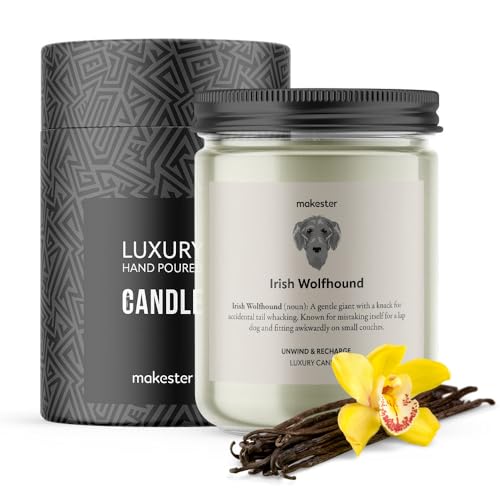Irish Wolfhound Gifts - Luxury Soy Wax Candle - Vanilla, Jasmine, Sugared Almond - Makester, White