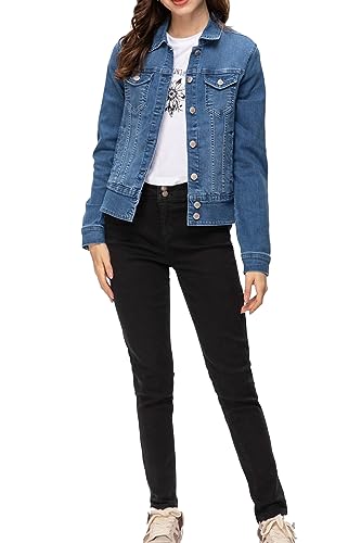 FASHIONSPARK Women's Basic Button Down Denim Jacket, Casual Long Sleeve Fitted Jean Jacket with Pockets4