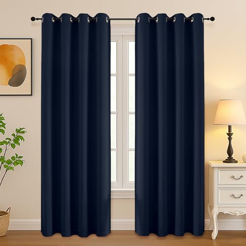 Image of Simplebrand Navy Blue Curtains for Bedroom Living Room 72 Inches Long 2 Panels Set, Room Darkening Thermal Insulated Curtains & Drapes, Solid Grommet Noise Reducing Window Treatment, W50 x L72 Inch
