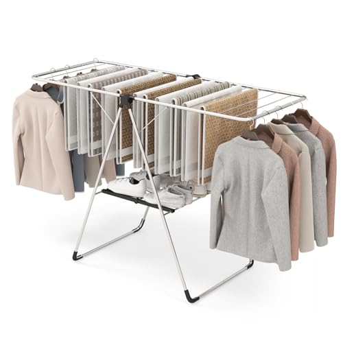 Image of Tangkula Collapsible Clothes Drying Rack, 2-Level Folding Aluminum Drying Rack w /Height-Adjustable Wings, Bottom Shoe Rack, Space-Saving Laundry Drying Rack for Indoor & Outdoor Use, Silver