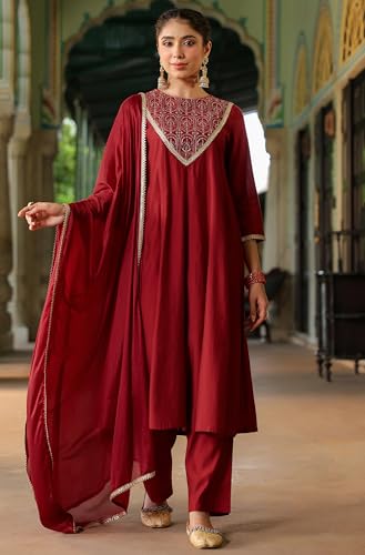 Image of Janasya Women's Maroon Chanderi Silk Embroidered Anarkali Kurta Set