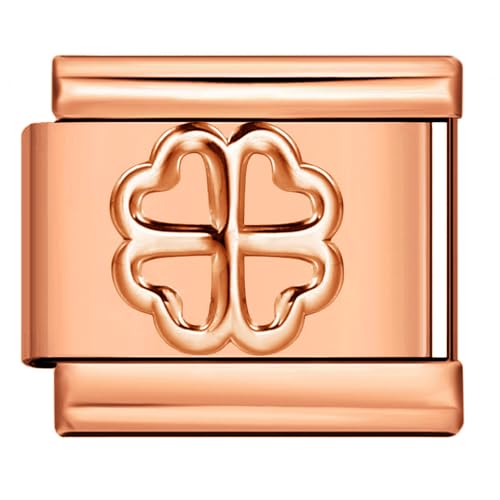 Mon & Sons Four Leaf Lucky Heart Clover Rose Gold Silver Italian 9mm Link Stainless Steel Bracelet Charm Compatible With 9mm Link