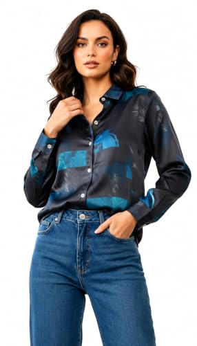 Image of Amazon Brand - INKAST Women Abstract Floral Printed Spread Collar Long Sleeves Casual Cami Shirt