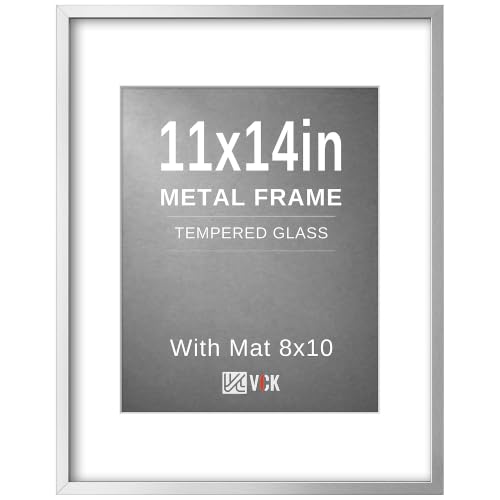 Image of VCK 11x14 Picture Frame Silver Metal, Real Glass, 8x10 Mat, for Print