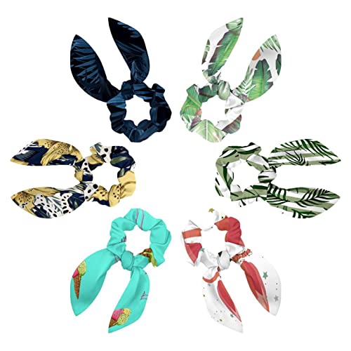 6PCS Hair Scarf Scruncheis for Women Girls, Ribbon Bow Elastic Hair Ties Bands Satin Hair Ribbon Scrunchy Ponytail Holder Accessories,Tropical Palm Leaves Flower Watercolor