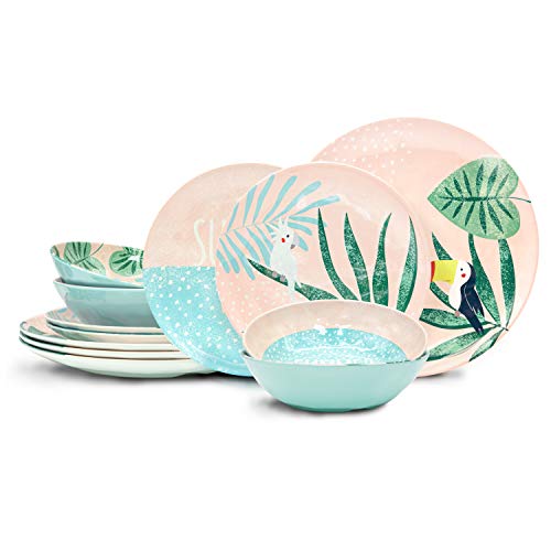 Image of Zak Designs Dinnerware Sets for Indoors and Outdoors, 12 Pieces Melamine Plastic Plate and Bowls for Dinnertime with Family (Summer Prints Pink Tropics)