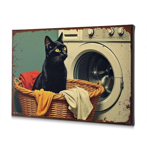Tableau decoratif chat noir sur toile 40 x 60 cm pour mur de chambre