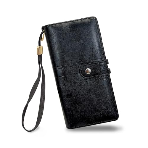 FuninCrea Women Wallets Large Capacity Ladies Purse with Removable Wrist Strap and ID Window, Womens Purse Card Wallet PU Leather Long Ladies Wallet with and 2 Compartments (Black)