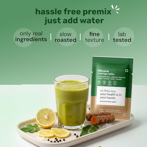 Image of fitlicious Moringa Sattu Powder | Bihari Chana Sattu | Natural & Organic | Gluten-Free, Non-GMO | High Protein & Fiber | Instant PremiX | Healthy Drink For All Ages | Pack Of 10 X 40g Sachets