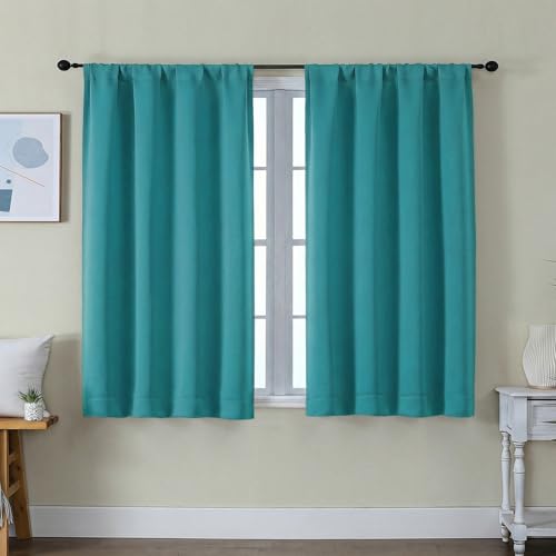 Image of Simplebrand Ava Teal Short Blackout Curtains for Bedroom 45 Inches Long 2 Panels Set, Solid Thermal Insulated, Energy Saving Window Treatment Curtains Blackout Drapes, W40 x L45 Inch