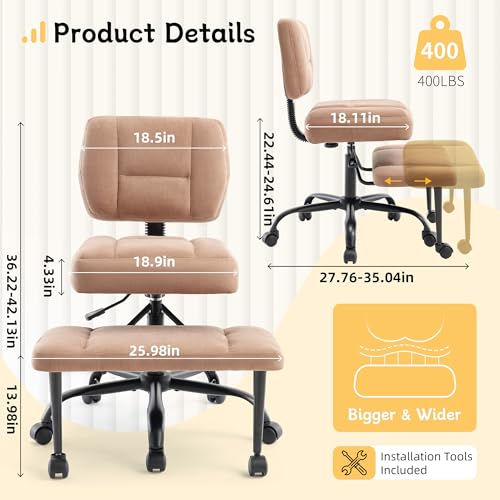 Image of Criss Cross Legged Office Chair with Wheels,Swivel Meditation Chair for ADHD,Ergonomic Desk Chair with Thicken Adjustable Footstool,Fabric Sitting Fidgeting Kneeling Chair for Home Yoga Brown