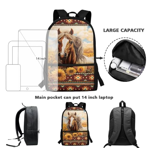Western Aztec Horse Backpack with Lunchbag for Kids Boys 8-9/10-12/12-14 Backpacks 4 PCS Middle School Book Bag Lunch Box Pencil Bag Water Bottle Holder Bookbags Schoolbags for Teens4
