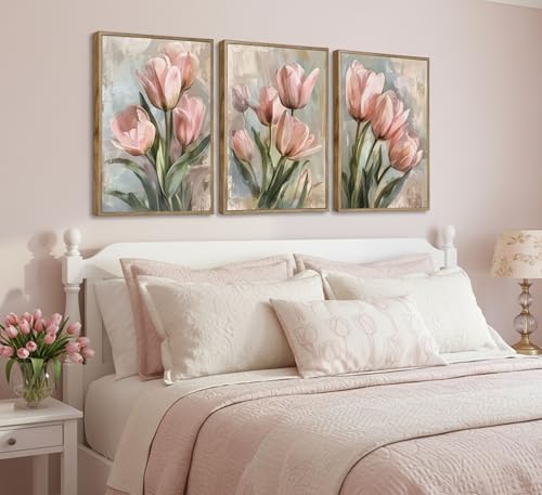 Image of 3 Pcs Vintage Pink Tulips Flowers Canvas Wall Art Retro Spring Pink and Green Floral Botanical Paintings Pictures Wall Decor Poster Print Artwork for Living Room Bedroom Home Decoration Unframed