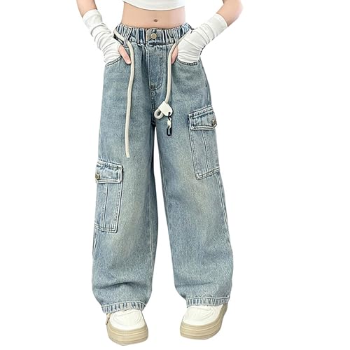 Wide Leg Cargo Pants Baggy 𝐃rawstring 𝐘2K Elastic Waist Jean Girls Straight Leg Denim Streetwear with Multi Poket