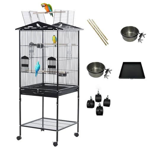 INGUNAR 52 Large Metal Bird Cage with Open Top Standing Parrot/Parakeet Cage Bird Flight Cage with Rolling Stand and Bottom Tray Bird Villa House with 2 Stainless Steel Feeding Cups (Black)