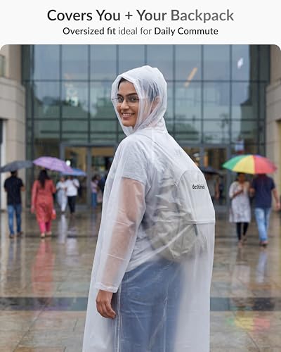 Image of Destinio Poncho for Men, Poncho for Women-Thick Waterproof PVC, Rain Coat, Reusable - Transparent Pocket Raincoat with Hood, Full Cover for Bag in Travel, Trekking, Bike Riders