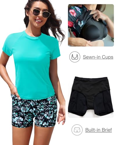Image of Daci Short Sleeve Rash Guard 2 Piece Swimsuits with Bord Shorts