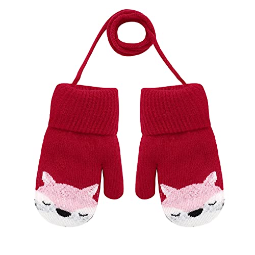 Baby Cartoon Winter Glove Hanging Neck Knit Warm Mitten with Rope Kid Full Finger Glove Xmas Gifts for 0-3 Years Old