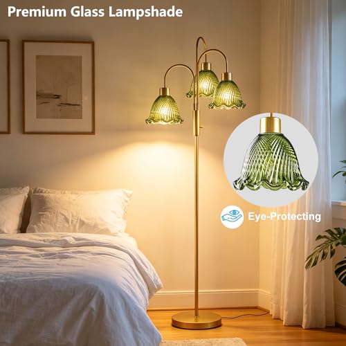 Image of Lightdot 3-Light Glass Floor Lamp for Living Room, 70 inch Gold Dimmable Standing Tall Lamp with Green Ribbed Glass Shades &3PCS 3000K Warm White Bulbs, Modern Tree Pole Lamp for Bedroom Home Decor