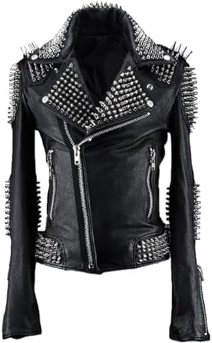 Men's Black Brando Full Silver Spiked Motorcycle Leather Jacket - Night Club Rockstar Music Festival Punk Fashion Outerwear