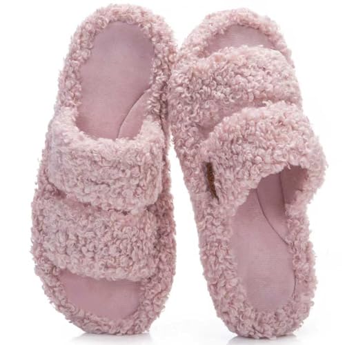 BOVTY Womens Fuzzy Open-toe Slippers Memory Foam Indoor House Shoes